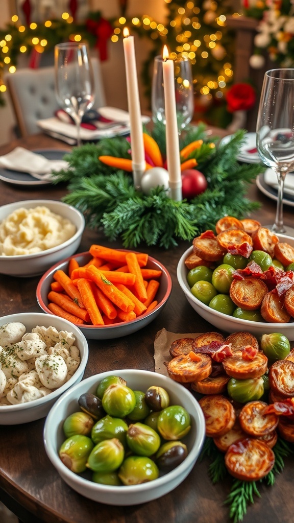 Festive Christmas Dinner Side Dishes A festive Christmas dinner table with mashed potatoes, glazed carrots, and Brussels sprouts.